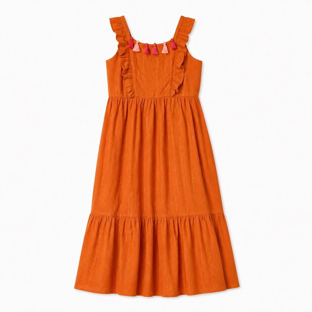 Cat & Jack Girls Orange Gold Threaded Tassel Maxi Dress M